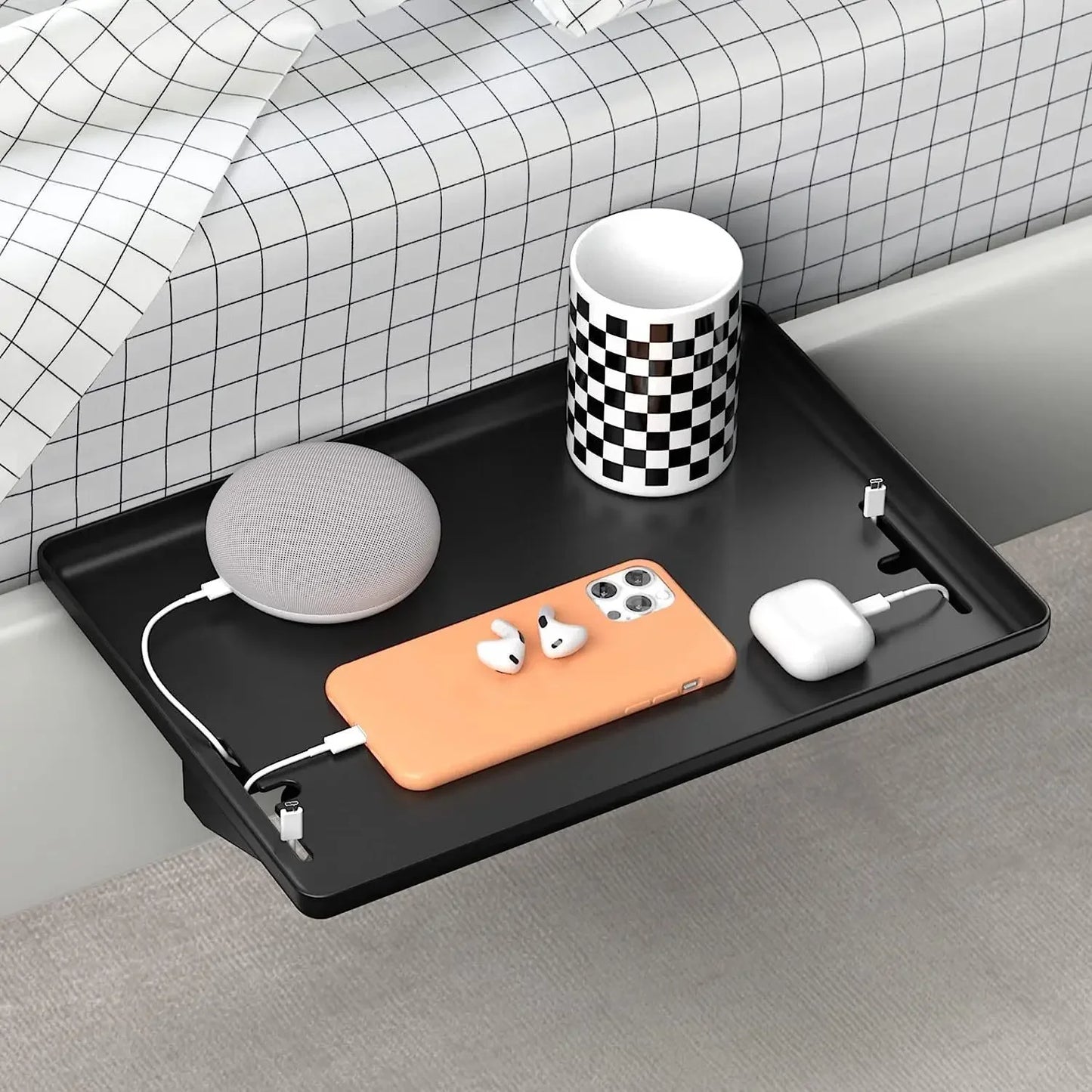 Bedside Shelf Clamp on, Bed Caddy Organizer with Tray Holder for Phone Books Remote, Bedside Table Storage Rack