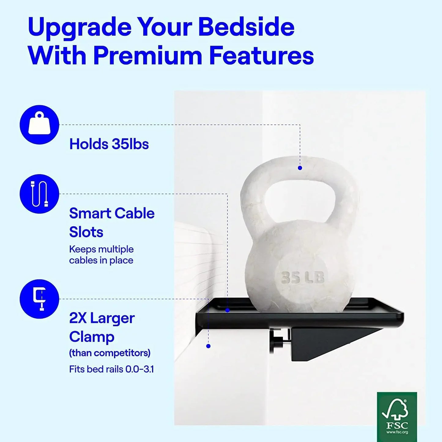 Bedside Shelf Clamp on, Bed Caddy Organizer with Tray Holder for Phone Books Remote, Bedside Table Storage Rack
