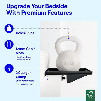 Bedside Shelf Clamp on, Bed Caddy Organizer with Tray Holder for Phone Books Remote, Bedside Table Storage Rack